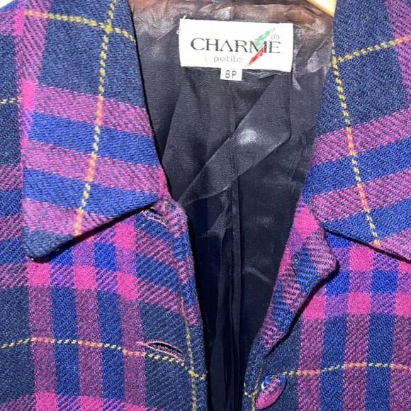 Charme Vintage 2-Piece Set Size 6 US Petite Pink Blue Plaid Wool Skirt Blazer - Picture 6 of 11
